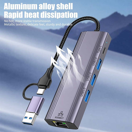 5-in-1 USB-C to Gigabit Ethernet Adapter: 1000Mbps RJ45 LAN + 3 x USB 3.0 Ports
