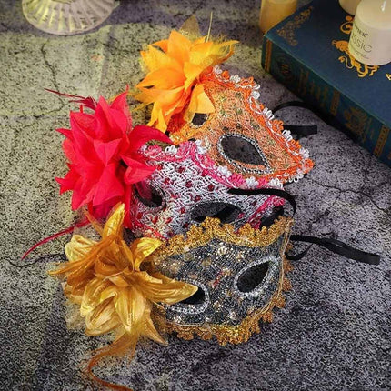 2X Random Lace Venetian Light Up Mask with Side Flower for Mardi Gras