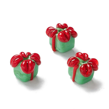 10Pcs Christmas Green Gift Box Glass Beads for Jewelry Making