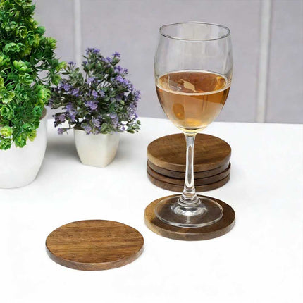 Set of 6 Acacia Wood Round Coasters for Drinks, Tea & Coffee