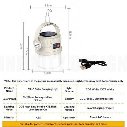 Solar LED Camping Lantern Flashlight, USB Rechargeable Tent Light for Outdoor Hiking & Emergency