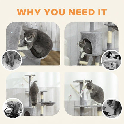 CARLA HOME 134cm Cat Tree for Indoor Cats with Hammock, Plush Perch & Sisal Scratching Posts for Kittens & Adult Cats (Light Grey)-2050057517026906117