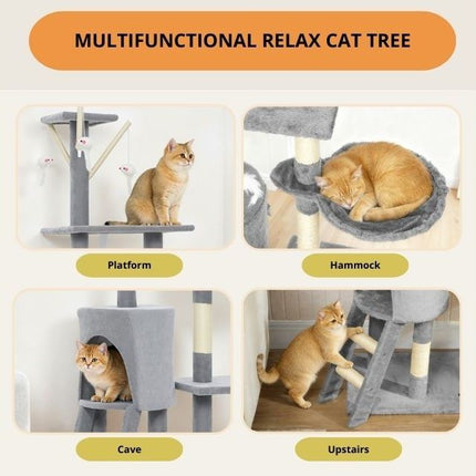 CARLA HOME 134cm Cat Tree for Indoor Cats with Hammock, Plush Perch & Sisal Scratching Posts for Kittens & Adult Cats (Light Grey)-2050057517026906118