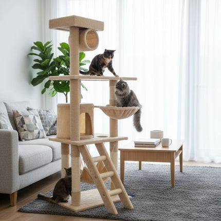 CARLA HOME 141cm Cat Tree Tower for Indoor Cats with Plush Perch, Ladder, Sisal Scratching Posts, Hammock & Condo for Kittens & Adult Cats (Beige)-2050057517890932737