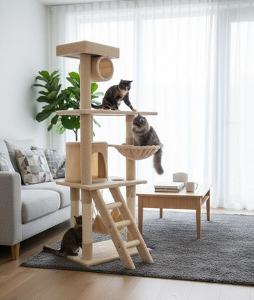 CARLA HOME 141cm Cat Tree Tower for Indoor Cats with Plush Perch, Ladder, Sisal Scratching Posts, Hammock & Condo for Kittens & Adult Cats (Beige)-2050057517890932737