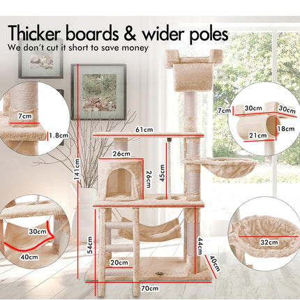 CARLA HOME 141cm Cat Tree Tower for Indoor Cats with Plush Perch, Ladder, Sisal Scratching Posts, Hammock & Condo for Kittens & Adult Cats (Beige)-2050057517890932738