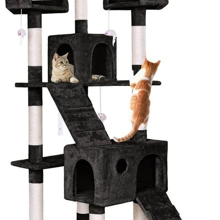 CARLA HOME 180cm Cat Tree Tower for Indoor Cats with Dual Condos, Plush Perches, Sisal Scratching Posts & Ramps for Kittens & Adult Cats (Black)-2050057518109036544
