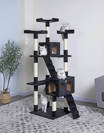 CARLA HOME 180cm Cat Tree Tower for Indoor Cats with Dual Condos, Plush Perches, Sisal Scratching Posts & Ramps for Kittens & Adult Cats (Black)-2050057518109036545