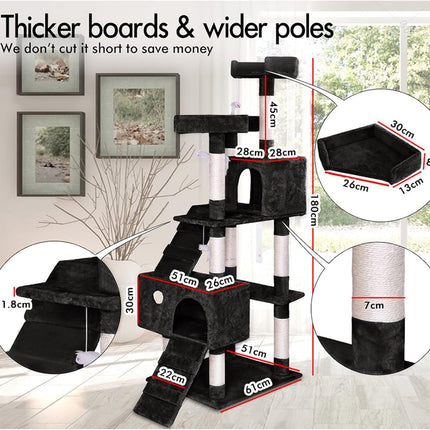 CARLA HOME 180cm Cat Tree Tower for Indoor Cats with Dual Condos, Plush Perches, Sisal Scratching Posts & Ramps for Kittens & Adult Cats (Black)-2050057518109036546