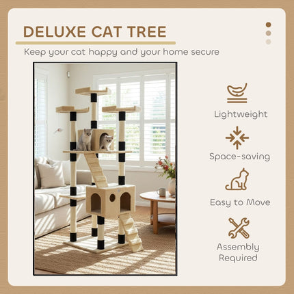 CARLA HOME 180cm Cat Tree Tower for Indoor Cats with Dual Condos, Plush Perches, Sisal Scratching Posts & Ramps for Kittens & Adult Cats (Beige)-2050057518314557443