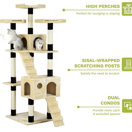 CARLA HOME 180cm Cat Tree Tower for Indoor Cats with Dual Condos, Plush Perches, Sisal Scratching Posts & Ramps for Kittens & Adult Cats (Beige)-2050057518314557444