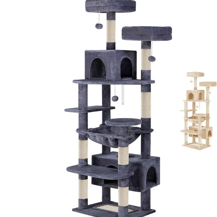 CARLA HOME 180cm Cat Tree Tower for Indoor Cats with Plush Perches, Dual Condos, Natural Sisal Scratching Posts & Ramps for Kittens & Adult Cats (Grey)-2050057518541049865