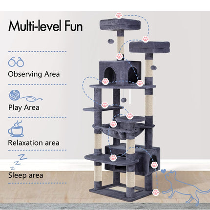 CARLA HOME 180cm Cat Tree Tower for Indoor Cats with Plush Perches, Dual Condos, Natural Sisal Scratching Posts & Ramps for Kittens & Adult Cats (Grey)-2050057518541049860