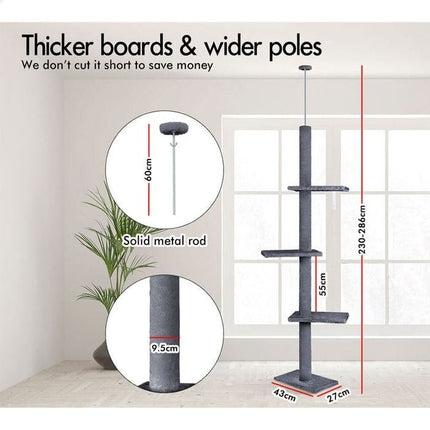 CARLA HOME Floor to Ceiling Cat Tree Tower  with Adjustable Height 230-286cm for Indoor Cats (Grey)-2050057518977257474