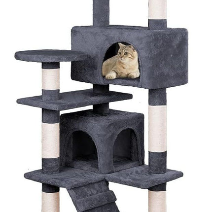 CARLA HOME 180cm Cat Tree Tower for Indoor Cats with Plush Perches, Dual Condos, Natural Sisal Scratching Posts & Ramp for Kittens & Adult Cats (Dark Grey)-2050057519396687872