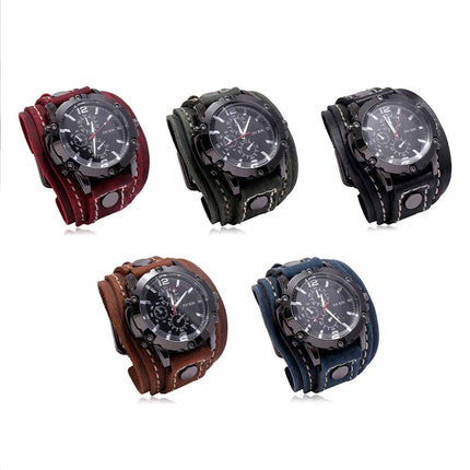Military Retro PU Leather Strap Watch Men's Punk Quartz Cuff Wristwatch