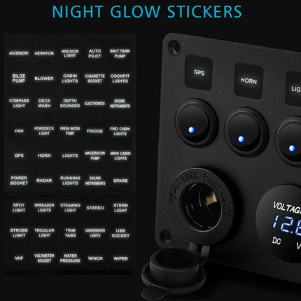 5-Gang 12V Switch Panel with LED Lights, Voltmeter & USB Charger for Campervan and RV