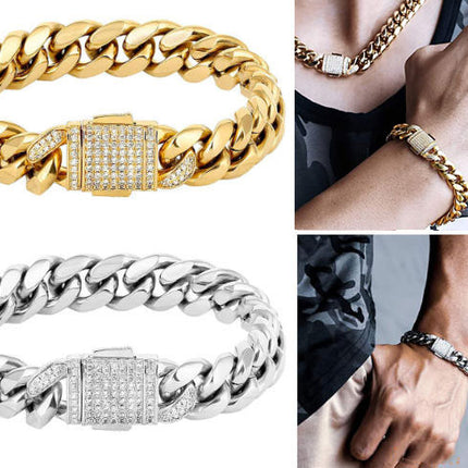 12mm 18k Gold & Silver Curb Chain Hip Hop Bracelet 8inch Urban Streetwear