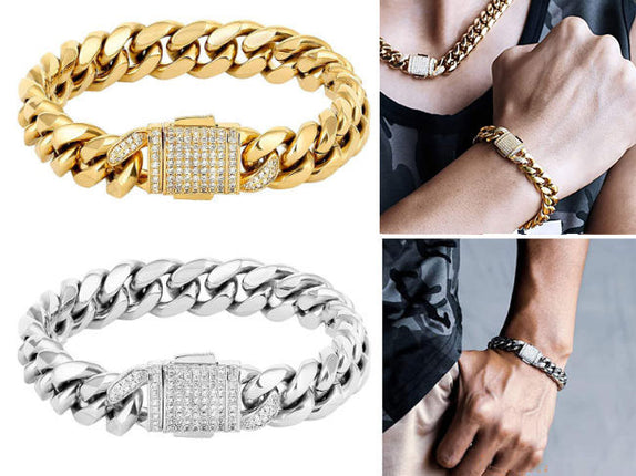 12mm 18k Gold & Silver Curb Chain Hip Hop Bracelet 8inch Urban Streetwear