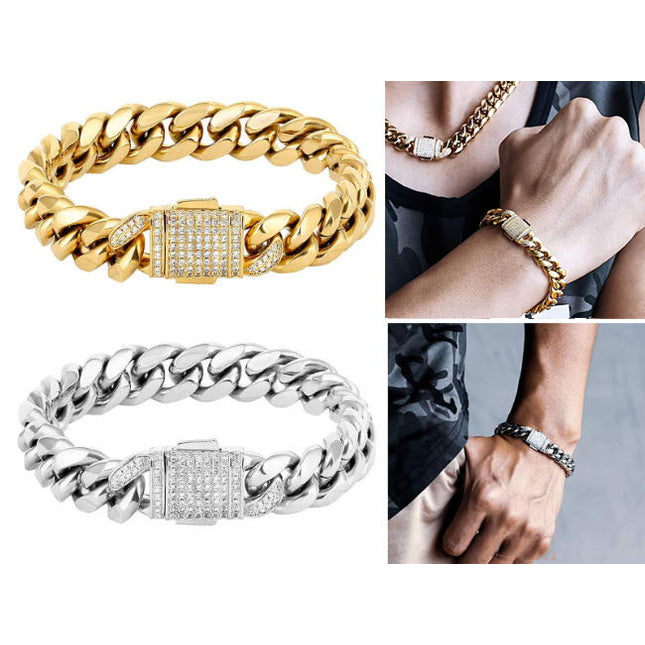 12mm 18k Gold & Silver Curb Chain Hip Hop Bracelet 8inch Urban Streetwear
