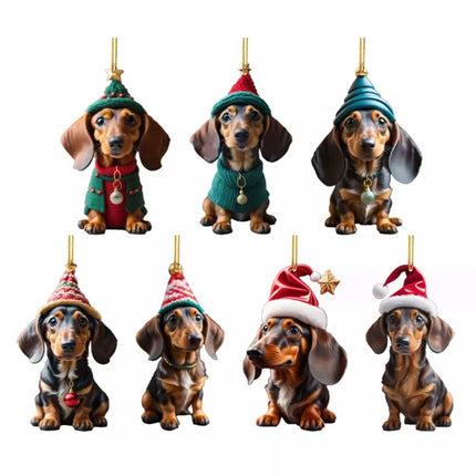 7-Pack Dachshund Christmas Car Hanging Ornaments - Cute Acrylic Sausage Dog Decor