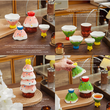 5Pcs Stackable Christmas Tree Ceramic Tea Cup Set Hand Painted Gift
