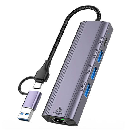 5-in-1 USB-C to Gigabit Ethernet Adapter: 1000Mbps RJ45 LAN + 3 x USB 3.0 Ports