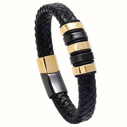 Men’s Magnetic Braided Leather Rope Bracelet, Wrap Bangle, Black 22 cm