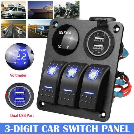 Waterproof 3-Gang 12V/24V Switch Panel with USB Charger for Car, Boat, and RV