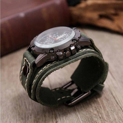 Military Retro PU Leather Strap Watch Men's Punk Quartz Cuff Wristwatch