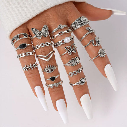 21Pcs Retro Bohemian Geometric Inlaid Stacked Ring Set for Women Gift