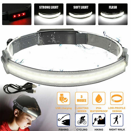 COB LED Headlamp Flashlight Work Light Bar Head Band Lamp USB Charging
