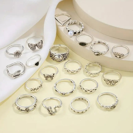 21Pcs Retro Bohemian Geometric Inlaid Stacked Ring Set for Women Gift
