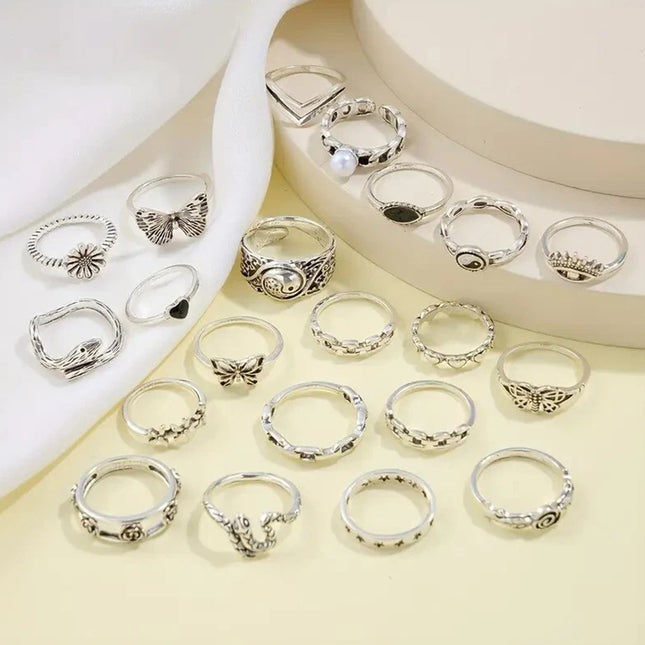 21Pcs Retro Bohemian Geometric Inlaid Stacked Ring Set for Women Gift