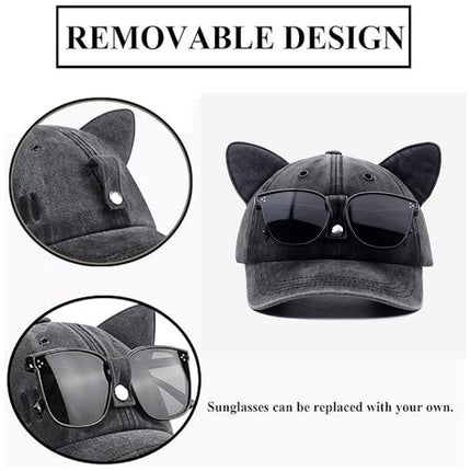 Vintage Washed Cat Ears Baseball Cap with Sunglasses, Funny Dad Hat for Men Women
