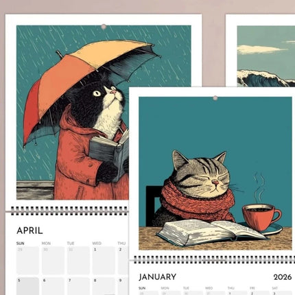 Cats Chillin' with Books 2026 Wall Calendar – Cat-Themed Illustrated Planner