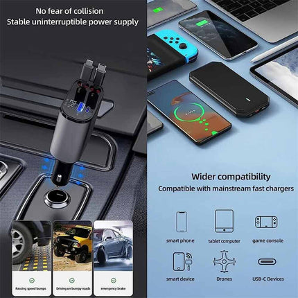 4-in-1 Universal Car Charger with Dual USB-C Ports, Fast Charging for iPhone & All Phones