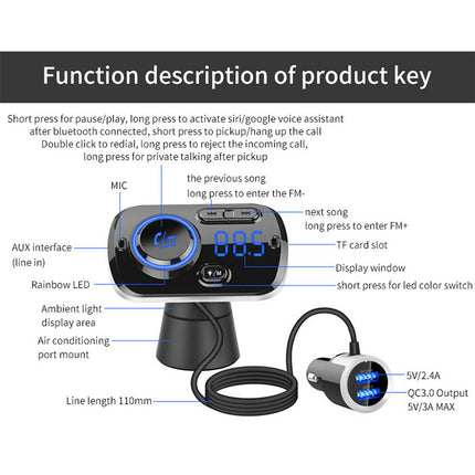 3-in-1 Bluetooth FM Transmitter for Car: Wireless Hands-Free Calling, Fast QC3.0 USB Charger, MP3 Player & FM Radio Tuner