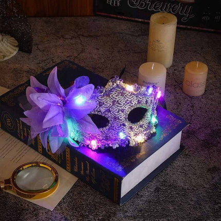 2X Random Lace Venetian Light Up Mask with Side Flower for Mardi Gras