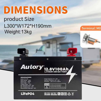 12.8V 100Ah LiFePO4 Battery with Metal Case & Mounting Bracket for RV, Marine & Off-Grid Applications