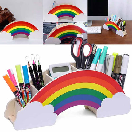 Rainbow Wooden Pen Holder DIY Pencil Case Desk Organizer for Phone Storage