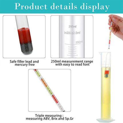 Triple Scale Alcohol Hydrometer & Test Jar for Home Brew Wine