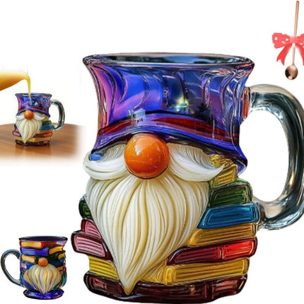 3D Painted Glass Gnome Book Mug | Stackable Coffee Cup for Home Decor