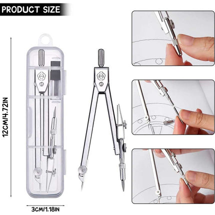 Premium Metal Drafting Compass Reusable Geometry Tool with Refillable Leads