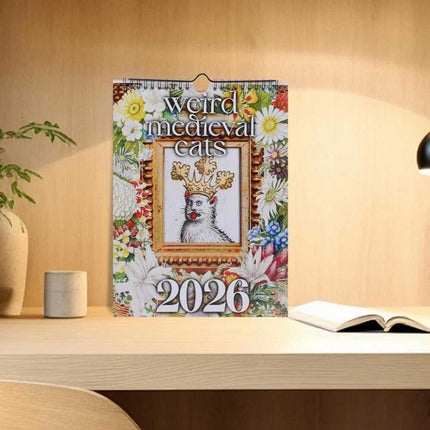 Weird Medieval Cats 2026 Monthly Wall Calendar Planner Art Gag Gift