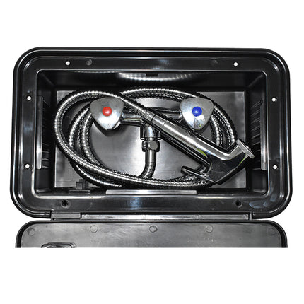 External Lockable Shower Box for Caravan | Hot & Cold Mixer with Hose, Outdoor Waterproof Case