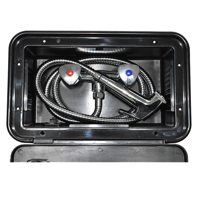 External Lockable Shower Box for Caravan | Hot & Cold Mixer with Hose, Outdoor Waterproof Case