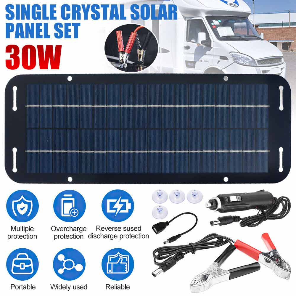 12V 30W Solar Battery Charger & Maintainer - Waterproof, Portable Power for Car, Boat, RV, Motorcycle