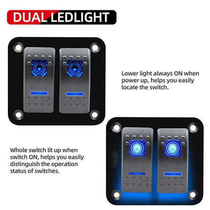 Waterproof 2-Gang Rocker Switch Panel with Blue LED for 12V/24V Use in Car, Marine Boat, and RV