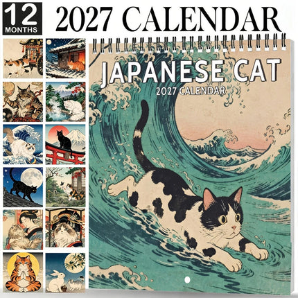 Japanese Cat 2027 Wall Calendar Month-to-View Hanging Cat Calendar